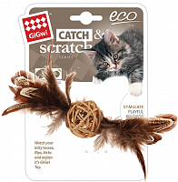 GiGwi Игрушка для кошек "CATCH SKRATCH EKO" Плетеный мячик с колокольчиком и перьями
