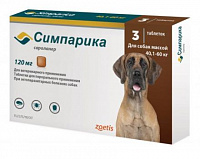 Таблетки для собак весом 40-60 кг Zoetis симпарика, для защиты от блох и клещей, со вкусом печени,120 мг, 3 таб/уп