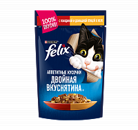 Влажный корм для взрослых кошек Felix Аппетитные кусочки. Двойная вкуснятина, с говядиной и домашней птицей, в желе, Пауч