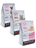 BLITZ Набор сухого корм для взрослых кошек (Индейка, Курица, Ягненок) (2+1)