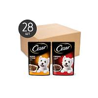 Влажных корм для собак CESAR, два вкуса, желе и ломтики в соусе, (набор 28шт) пауч