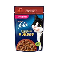 Влажный корм для взрослых кошек Felix Sensations, с говядиной в желе с томатами, пауч