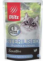 Blitz консервы для кастрированных или стерилизованных кошек и котов нежные кусочки в соусе индейка и клюква