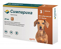 Таблетки для собак весом 5-10 кг Zoetis симпарика, для защиты от блох и клещей, со вкусом печени, 20 мг, 3 таб/уп