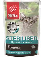 Влажный корм для стерилизованных кошек Blitz Sterilised Sensitive кусочки в соусе, кролик и клюква, пауч