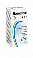 Bayer Байтрил 2,5%, инъекционный раствор для кошек и собак лечение при вирусных болезнях