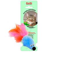 Игрушка для кошек Petto Мышь с мятой GoSi голубой мех с хвостом из пышного пера на картоне с еврослотом, 9 см