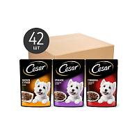 Влажных корм для собак CESAR, три вкуса, желе и ломтики в соусе, (набор 42 шт) пауч