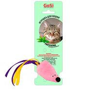 Игрушка для кошек Petto Мышь с мятой GoSi розовый мех с хвостом из лент на картоне с еврослотом, 9 см
