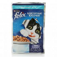 Консервы для кошек Felix Agail, аппетитные кусочки в желе форель (пауч)