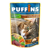 Консервы для кошек Puffins, Сочные кусочки телятины с печенью в желе (пауч)