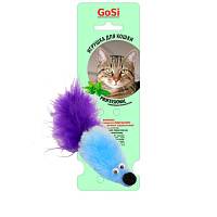 Игрушка для кошек Petto Мышь с мятой GoSi голубой мех с хвостом из пера на картоне с еврослотом, 9 см