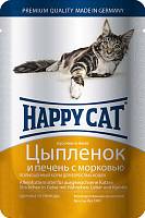 Happy Cat консервы для кошек Нежные кусочки в желе цыпленок и печень с морковью (пауч)