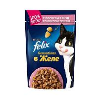 Влажный корм для взрослых кошек Felix Sensations, с лососем в желе с добавлением трески, Пауч