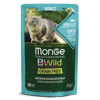 Консервы для взрослых кошек Monge Cat BWild GRAIN FREE из трески с креветками и овощами, пауч