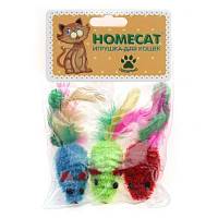 Игрушка для кошек Homecat Мышки разноцветные с пером гремящие